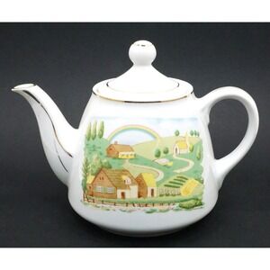 Vintage Porcelain Teapot 5" Tall Farm Scene w/ Rainbow from Japan Mint Condition